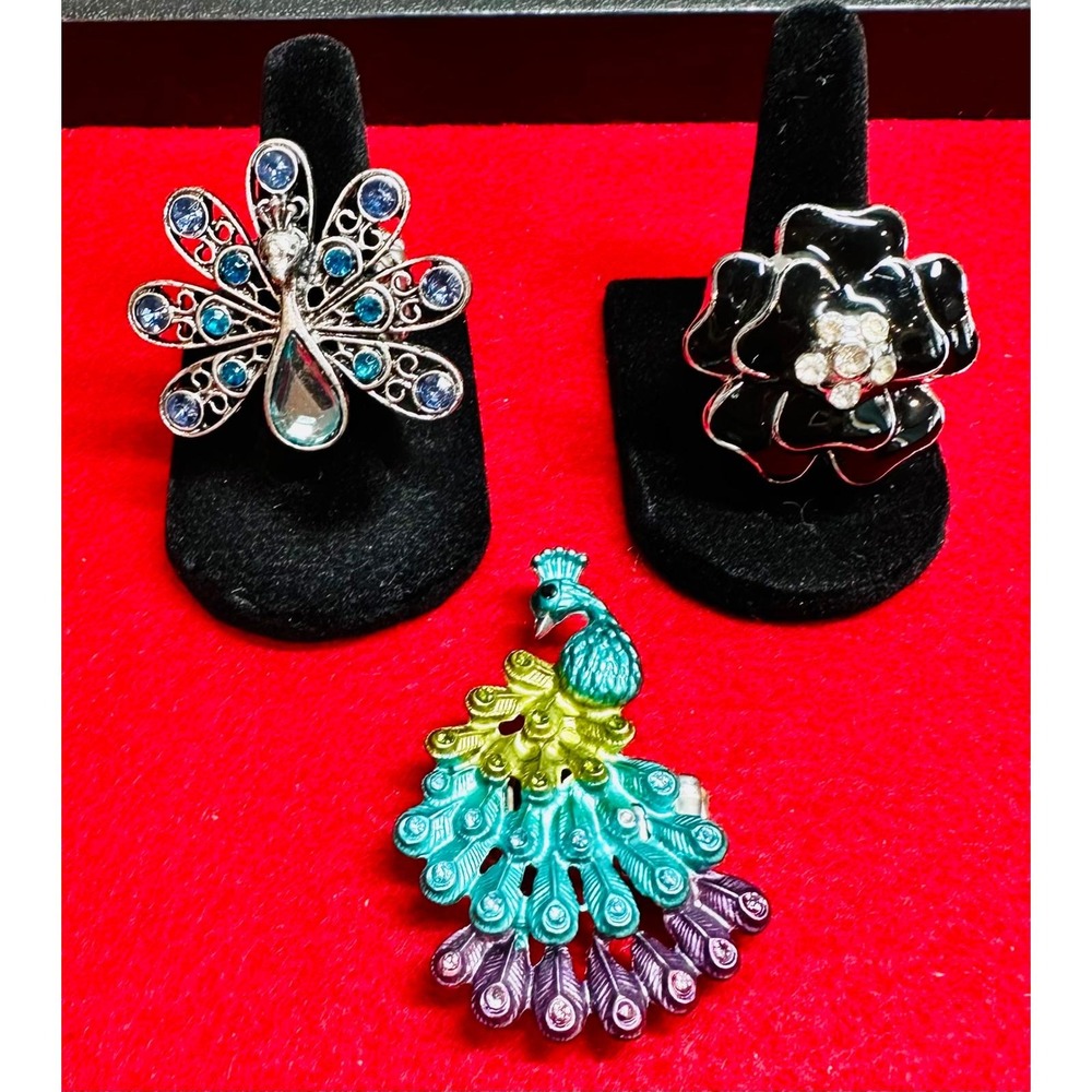 Statement Stretch Ring Lot 3 Pc Peacock Flower Rhinestone Enamel Fashion